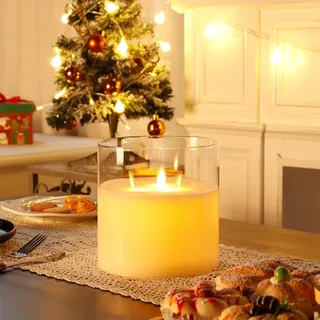 JHY DESIGN Flammenlose Glaskerzen 3 Dochte, Glaszylinder LED-Kerzen mit 6-Stunden-Timer-Funktion Elektrische Kerze Batterie Tischkerzen für Dekoration Wohnzimmer Schlafzimmer (Weiß)