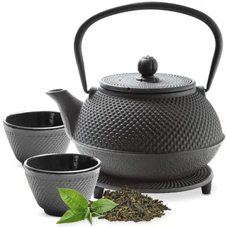 Tealøv TEEKANNE GUSSEISEN SET 800 ML IN GESCHENKBOX | Komplettes Teeservice aus Gusseisen | Gusseiserne Teekanne mit Siebeinsatz, Teetassen & Untersetzer | Teeset im Japanischen Stil | Schwarz