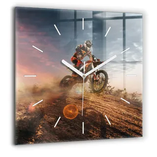 Wallfluent Große Wanduhr – Stilles Quarzuhrwerk - Uhr Dekoration Wohnzimmer Schlafzimmer Küche - Zifferblatt mit Striche - weiße Zeiger - 60x60 cm - Mann auf einem Motorrad - Blau