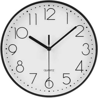 Topkey 22,9 cm leise runde Wanduhr mit arabischen Ziffern, leicht ablesbare Uhr für Wohnzimmer, Schlafzimmer, Schule und Kinderzimmer (Batterie Nicht im Lieferumfang enthalten), Schwarz