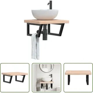 The Living Store Waschtischplatte mit Halterung Stahl und Massivholz Eiche - Braun
