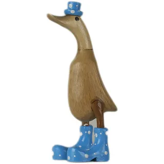ART-CRAFT Holz Ente Lauf Ente Gartendeko Figur aus Bambus Wurzel und Teak Holz mit Stiefel und Hut Blau 25cm hoch