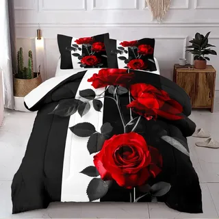 Nyescasa Bettwäsche 135x200 Schwarz Weiß mit Rot Rosen Bettwäsche Set Mädchen Bunt Blumen Pflanzen Blätter Wendebettwäsche Weich Mikrofaser Bettbezug mit Reißverschluss und Kissenbezug 80x80cm