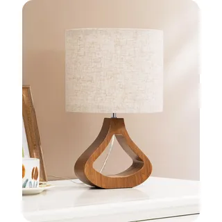 EDISHINE Nachttischlampe aus Holz, Tischlampe mit E27 Leuchtmittlel, Lampenschirm aus Leinen, mit Kabel, Moderne Tischleuchte Vintage für Wohnzimmer, Schlafzimmer, Landhausstil [Energieklasse F]