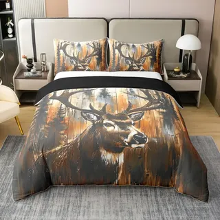 3D Tribal Deer Hunting 100% Baumwolle Tröster Abdeckung 135x200,Vintage Batik Wildlife Bettbezug Für Cabin Lodge,Elch Rentier Dschungel Bettwäsche Set,Rustikale Bauernhaus Wald Tier Bettbezug