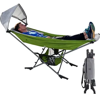 Hängematte mit Gestell Camping, Mock ONE® Freistehende Wetterfest Garten Outdoor-Hängematten für Erwachsene bis 113kg, 210T Nylon, Verstellbarem UPF50 Sonnendach, Tragetasche für Strand Balkon Reisen
