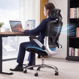 COMHOMA atmungsaktiver ergonomischer Bürostuhl mit Mesh, 2D-Kopfstütze, 4D-Armlehnen, hohe Rückenlehne mit Wipp- & Feststellfunktion (90-125°), extra breite Sitzfläche, Belastbarkeit 180 kg, Schwarz