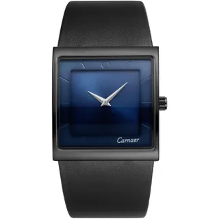 JewelryWe Herrenuhr Quadratische Uhr mit Lederarmband: 30m Wasserdicht Analog Quarz Armbanduhr Herren Minimalistische Business Casual Uhr mit Schwarz Echtleder Armband & Blau Eckigem Zifferblatt