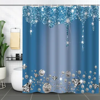FAIRYGATE Duschvorhang Glitzer Vorhang Blau Duschvorhang Polyester 180x180 Textil Schimmelresistenter und Wasserabweisend Shower Curtain mit 12 Duschvorhangringen B8305