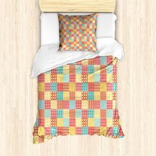 ABAKUHAUS Abstrakt Mantele, Blumen Punkt-Streifen, Milbensicher Allergiker geeignet mit Kissenbezügen, 135 cm x 200 cm - 80 x 80 cm, Coral Yellow Mint Green