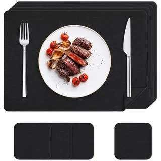 KitchenBoss Tischsets Abwaschbar Platzsets, 4er Platzdeckchen Lederoptik mit Untersetzer Hitzebeständig Doppelseitigen Wasserdicht, 43×30CM,Schwarz