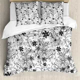 ABAKUHAUS Blumen Bettbezug, Blätter Twirls Strudel Bud, Milbensicher Allergiker geeignet mit Kissenbezügen, 200 cm x 200 cm - 80 x 80 cm, Schwarz und weiß - Schwarz