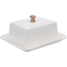 ORION GROUP Porzellan Butterdose mit Deckel | 17x14x8,5 cm | Weißes Porzellan und Bambusholz | Ökologischer Butterbehälter | Perfekte Tisch- und Küchendekoration