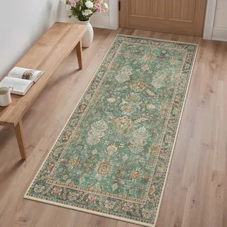 BEIMO Läufer Flur 80x150cm, Vintage Waschbarer Teppich Moosgrün | Boho Orientalisch Wohnzimmerteppich, Weicher Kurzflor Klein Carpet mit Rutschfester für Eingang, Bettvorleger Schlafzimmer