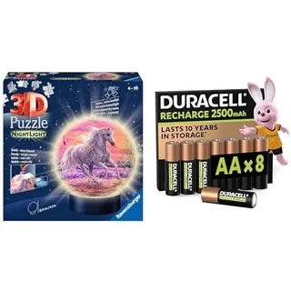 Ravensburger 3D Puzzle-Ball Pferde LED Nachtlicht, 6+ Jahre, & Duracell AA Akkus 8 Stück, 2500mAh