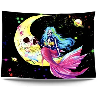 Ulticool – Meerjungfrau Skelett - Glow in the Dark Wandteppich - Schwarzlicht under UV Reaktive Neon - Blacklight Psychedelisch im Dunkeln Leuchtende Wandtuch - 200 x 150 cm - Halloween Deko Gothic