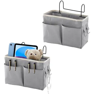 Ksvaye 2 Stück Bett Organizer zum Einhängen Betttasche mit Drahtrahmen Bettaufhänger Hängetasche Hochbett Aufbewahrungstasche Bedside Storage Bag für Magazin Handy Kopfhörer (29 x 19 x 11 cm, Grau)