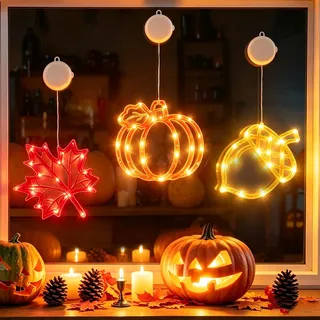XupQisut 3er Set Herbstdeko Fenster Lichterkette mit Timer, Herbst Fensterlichter mit Saugnapf, Kürbis Ahornblatt Fensterdeko Lichter Batterie, Hängende Fensterlichter für Halloween, Deko Herbst Innen