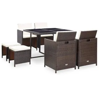 vidaXL Garten-Essgruppe 9-teilig Mit Auflagen Poly Rattan Braun , Creme , Kunststoff , Füllung: Polyester , Rechteckig,quadratisch , Säule , Gartenmöbel, Gartengarnituren, Gartenmöbel-Sets