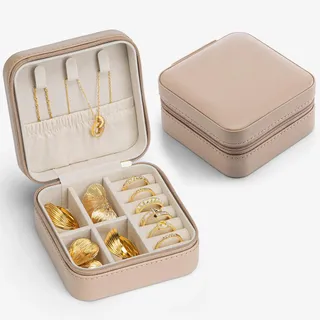 VLANDO Schmuckkästchen Damen, Schmuckbox Ohrringe, Reise Schmuck Etui Jewellery box aus Leder für Ohrringe Aufbewahrung, Ringe, Zarte Ketten, Uhren und Lippenstift, Milchkaffee
