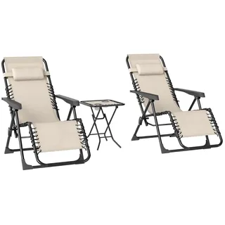 Outsunny Gartenstuhl-Set 3 Tlg. mit Tisch Beige 90/56/110 cm , Metall , 65x110x90 cm , Gartenmöbel, Gartenliegen