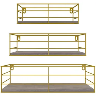 eympeu Wandregal 3er Set Holz mit Gold Metall Retro 40 x 12 x 10 cm Gold