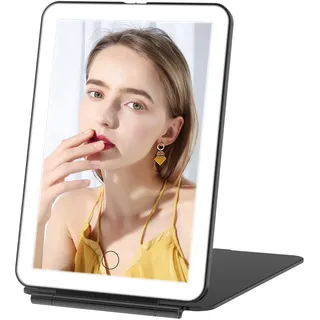 FUNTOUCH Schminkspiegel mit 72 LED Leuchten, Wiederaufladbarer Tragbarer Reisespiegel Beleuchtet, 3 Farben Beleuchtung Spiegel Reisen, Dimmbarer Touchscreen, Faltbarer kosmetikspiegel mit Licht