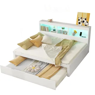 Massivholzbett mit Gästebett, 140x200 cm, Doppelbett mit LED-Beleuchtung, Mehrfachsteckdose und Lattenrost, Jugendbett - Weiß