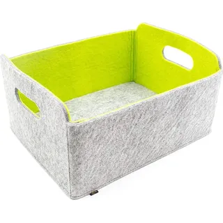 Hochwertige Aufbewahrungsbox aus Filz in Graumeliert/grün, waschbar 30x24x15cm. Ordnungsbox, Regalbox, Faltbox, Spielzeugkorb