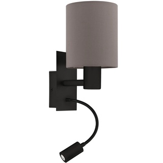 EGLO LED Wandlampe Pasteri, Wandleuchte für innen mit Leselampe, Wandspot aus Metall in Schwarz und Textil in Anthrazit-Braun, Wand Lampe für Wohnzimmer und Schlafzimmer, E27 Fassung