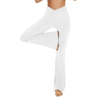 Yogahose Damen Flared Leggings Schlaghose Cross Waist Bootcut Hosen Damen Stretch Sporthose Yogahosen Ohne Baumwolle Scrunch Leggins Pilates Hose Sportbekleidung für Damen(Weiß,XS)