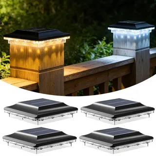 4er Pack Solar Pfostenleuchten Außen, LED Pfostenkappen Solar 9x9 10x10, IP44 Wasserdichte Pfostenlampe mit 3 Farbmodi (Kaltweiß/Warmweiß/Mischlicht), Säulenleuchte für Terrasse Zaun Pfosten