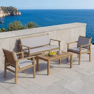 Garten-Garnitur HWC-O19, Lounge-Set Sitzgruppe Bank Sessel Tisch, Holz Akazie Stoff/Textil (180g/m2) Kissen grau - Grau