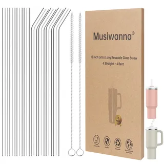 Glasstrohhalme für Stanley Cup 40/30oz, 8 Stück Ersatz Glas Strohhalm Lang 31cm Durchmesser 1cm mit 2 Bürsten, Transparent Langer Strohhalm Glas für Stanley Quencher 1,18L/887ml (4 Gerade + 4 Gebogen)