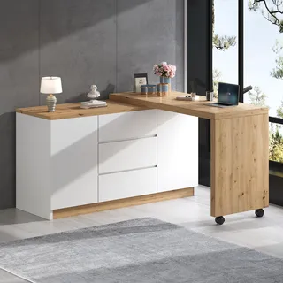 Flieks Faltbarer Schreibtisch mit Rollen, Sideboard Kommode mit beweglichem Beistelltisch, Ecktisch Frisiertisch Eckschreibtisch Drehbar Naturbelassen - Naturbelassen