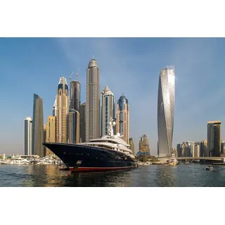 Papermoon Fototapete »DUBAI-JACHT HAFEN MEER STADT VAE BURJ KHALIFA SKYLINE«, bunt