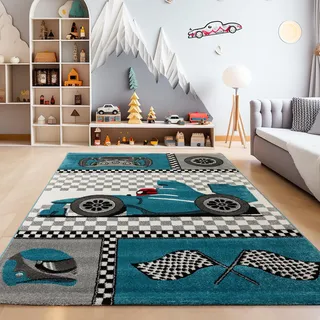 SIMPEX Kinderteppich Rennwagen Design Blau 120x170 cm Rechteckiger Spielteppich für Jungs Hautfreundlich & Farbenfroh
