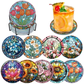 Lxmsja 9 STK Diamond Painting Untersetzer mit Halter, Diamond Painting Buntglas Blume, Diamant Painting Bilder Erwachsene Kinder, Diamant Tassenuntersetzer mit Kork, Basteln Erwachsene Frauen