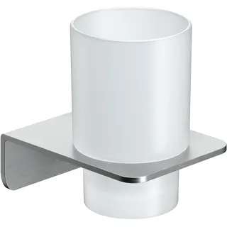 WEISSENSTEIN Zahnputzbecher ohne Bohren | Becher und Zahnputzbecherhalter zum Kleben an der Wand | Edelstahl Halterung und Glas weiß | in Silber