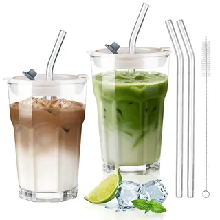 ecooe 2 Stück Glasbecher mit Deckel und Strohhalm 380ml Glas Smoothie Becher Eiskaffee Gläser, Luftdicht Wasserdicht Design Kaffeegläser Trinkgläser für Matcha Latte Saft Milch Tee Cocktail