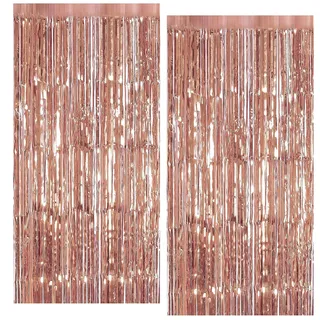 2 Stück Glitzer Vorhang Deko, Metallische Lametta Vorhänge Rosegold Folien Fransenvorhang Lametta Vorhang Schimmer für Hochzeit, Verlobung, Geburtstag, Bachelorette, Party, Bühnendekoration (1X2M)
