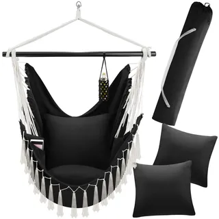 tectake® Hängesessel Outdoor wetterfest oder Indoor mit Tabletfach und Getränkehalterung, Makramee Schaukel für Balkon, Hängestuhl Garten, Hängeschaukel belastbar bis 150 kg - schwarz