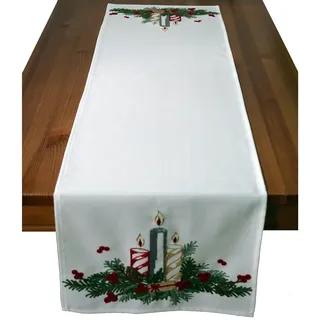 Tischwäsche Stickerei Adventsgesteck 40 x 140 cm - Weiß