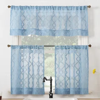 No. 918 Tina Geometrische Küchenvorhang-Set, halbtransparent, mit Stangentasche, Volant und Etagen, 137,2 x 61 cm, Blau