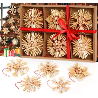 HOUISM Festliche Strohsterne Christbaumschmuck, 24-teiliges Natürlicher Stroh-Schneeflocken-Ornamente für den Weihnachtsbaum, Retro Stroh-Anhänger für Weihnachtsdekoration - Ø 8cm mit Feine Holzkiste