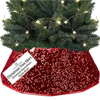 Deco Express Weihnachtsbaum-Rock - Festliche Christbaumdecke für Weihnachtsdekoration, Weihnachtsbaum Decke zum Schutz des Bodens & stilvolle Ergänzung der Feiertags-Deko Pailletten Rot