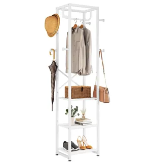 IBUYKE Garderobenständer, Kleiderständer mit 3 Ablagen und 8 Haken, Freistehende Garderobe, Industrie-Stil, für Schals, Taschen, Regenschirme und Boxen, Weiß TMJ088W