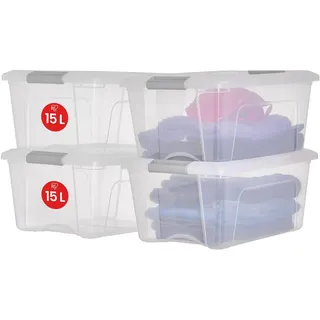 Iris Ohyama, Aufbewahrungsboxen mit Deckel, Kunststoffboxen, Plastikbox, Box mit Deckel, 15L, 4er-Set, Silber, Verschlussclips, Stapelbar, Organisation, BPA-frei, Plastikboxen, Kisten, NTB-15