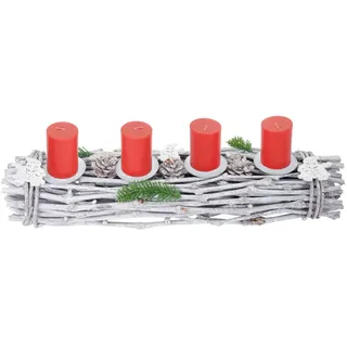 MCW Adventskranz Länglich Holz Kerzen ROT Weiß, Rot , Holz , 9 cm , Dekoration, Weihnachtsdekoration, Adventskränze