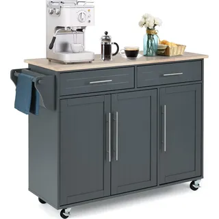 COSTWAY Küchenwagen auf Rollen, Servierwagen mit Arbeitsplatte, 2 Schubladen, Messer- & Handtuchhalter, Küchentrolley Holz, Küchenschrank (Grau) - Grau